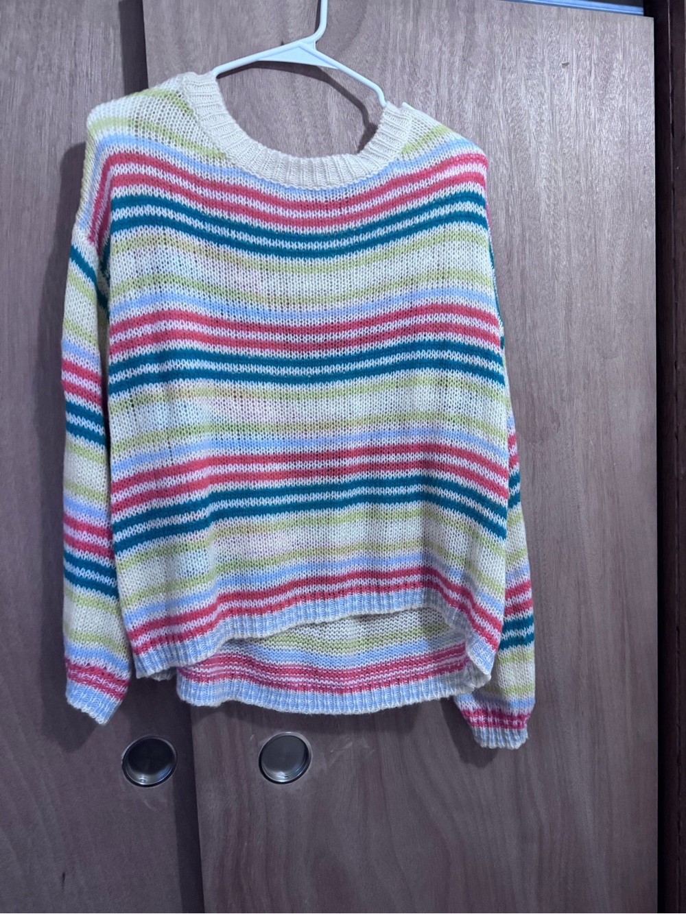 Zara Cream Sweater with Multicolor Stripes (Pink, Teal, Lime)